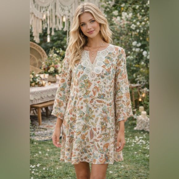 Robert Louis Dresses & Skirts - Robert Louis Brown Yellow Floral Shift Dress Sz M Bohemian Hippie Garden Tea
